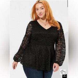 [1X] NWT Torrid Black Stretch Lace V-Neck Smocked Waist Long Sleeve Babydoll